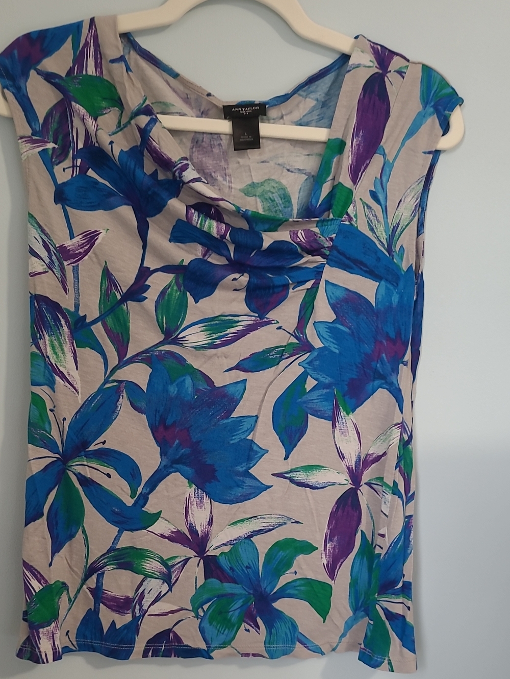 Ann Taylor Floral Cowl-Neck Sleeveless Top - Blue, Green & Purple